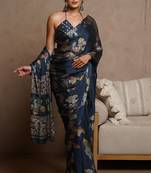 Navy blue floral print chiffon saree with unstiched blouse piece