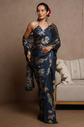 Navy blue floral print chiffon saree with unstiched blouse piece