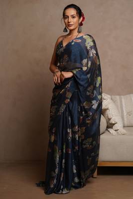 Navy blue floral print chiffon saree with unstiched blouse piece 3