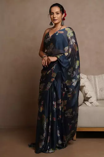 Navy blue floral print chiffon saree with unstiched blouse piece