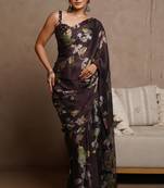 Wine floral print chiffon saree with unstiched blouse piece
