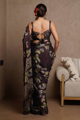 Coffee floral print chiffon saree with unstiched blouse piece 2