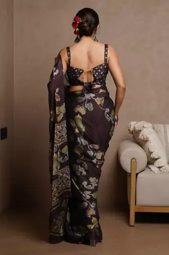 Coffee floral print chiffon saree with unstiched blouse piece