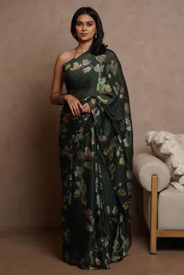 Dark green floral print chiffon saree with unstiched blouse piece 1