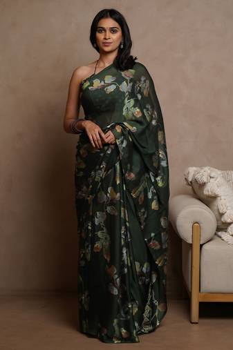 Dark green floral print chiffon saree with unstiched blouse piece