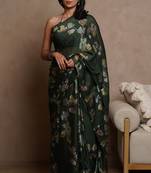 Dark green floral print chiffon saree with unstiched blouse piece