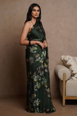 Dark green floral print chiffon saree with unstiched blouse piece 2