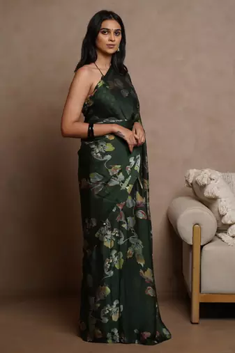 Dark green floral print chiffon saree with unstiched blouse piece