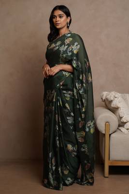 Dark green floral print chiffon saree with unstiched blouse piece 3