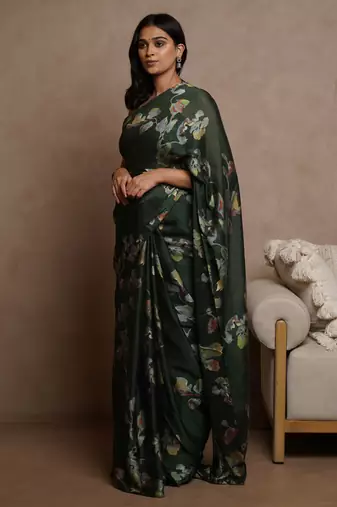 Dark green floral print chiffon saree with unstiched blouse piece