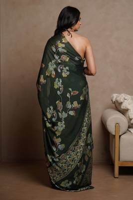 Dark green floral print chiffon saree with unstiched blouse piece 4
