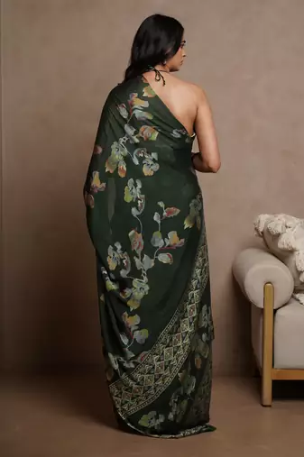 Dark green floral print chiffon saree with unstiched blouse piece