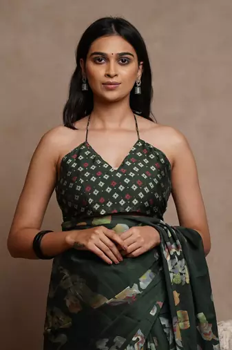 Dark green floral print chiffon saree with unstiched blouse piece