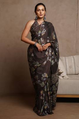 Coffee floral print chiffon saree with unstiched blouse piece 1