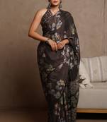Coffee floral print chiffon saree with unstiched blouse piece