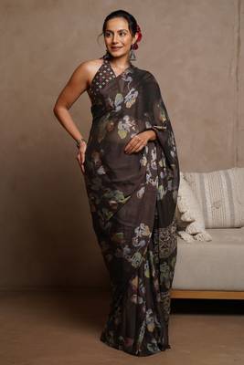 Coffee floral print chiffon saree with unstiched blouse piece 2