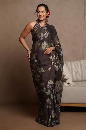 Coffee floral print chiffon saree with unstiched blouse piece