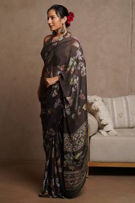 Coffee floral print chiffon saree with unstiched blouse piece 3