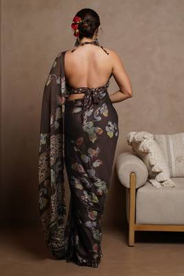 Coffee floral print chiffon saree with unstiched blouse piece 4