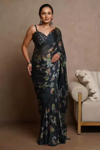 Dark rama blue floral print chiffon saree with unstiched blouse piece