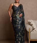 Dark rama blue floral print chiffon saree with unstiched blouse piece