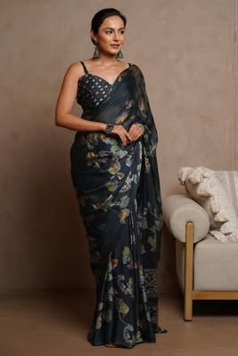 Dark rama blue floral print chiffon saree with unstiched blouse piece 2