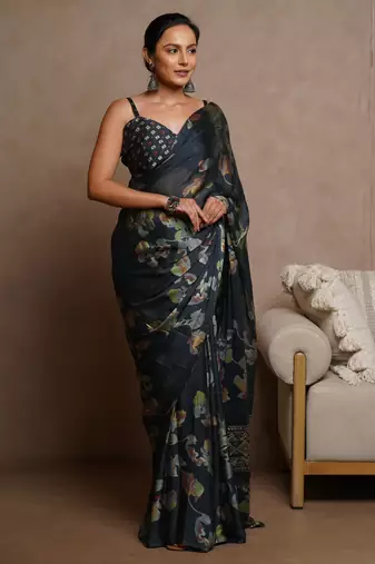 Dark rama blue floral print chiffon saree with unstiched blouse piece