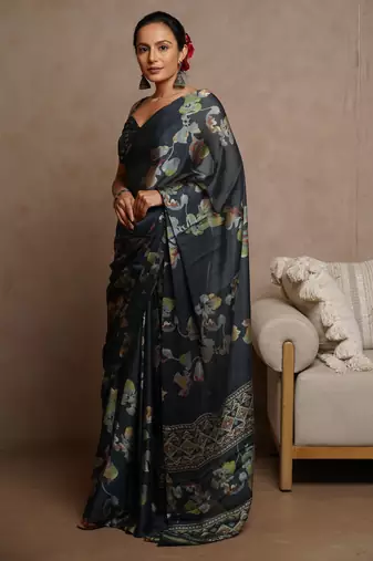 Dark rama blue floral print chiffon saree with unstiched blouse piece