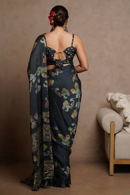 Dark rama blue floral print chiffon saree with unstiched blouse piece 4