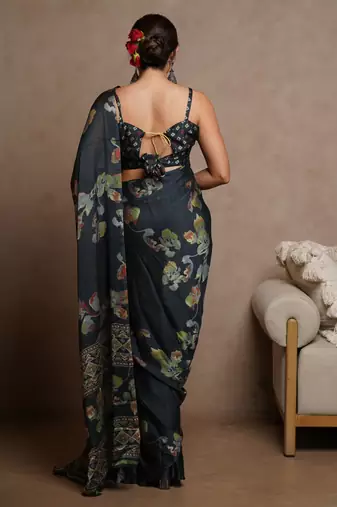 Dark rama blue floral print chiffon saree with unstiched blouse piece