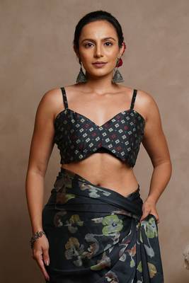 Dark rama blue floral print chiffon saree with unstiched blouse piece 5