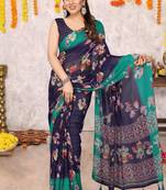 Navy blue floral print zari lines chiffon saree with unstiched blouse piece