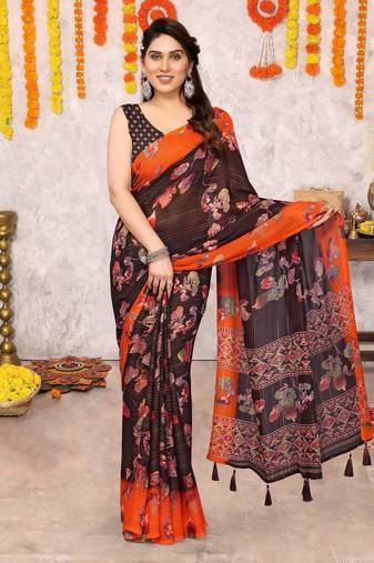 Coffee brown floral print zari lines chiffon saree with unstiched blouse piece