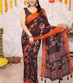 Coffee brown floral print zari lines chiffon saree with unstiched blouse piece