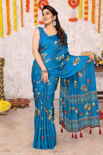 Turquoise blue floral print zari lines chiffon saree with unstiched blouse piece