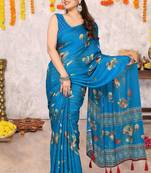 Turquoise blue floral print zari lines chiffon saree with unstiched blouse piece