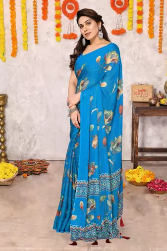Black floral print zari work chiffon saree with unstiched blouse piece