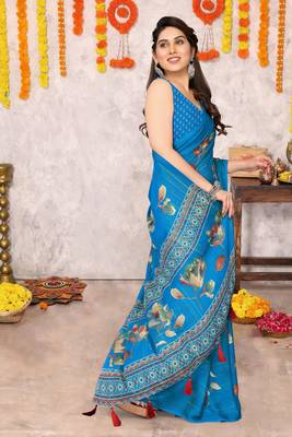 Black floral print zari work chiffon saree with unstiched blouse piece 3