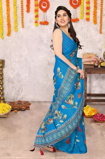 Black floral print zari work chiffon saree with unstiched blouse piece