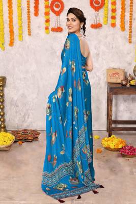 Black floral print zari work chiffon saree with unstiched blouse piece 4