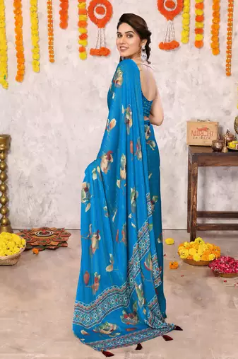 Black floral print zari work chiffon saree with unstiched blouse piece
