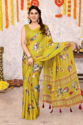 Mustard floral print zari lines chiffon saree with unstiched blouse piece 1