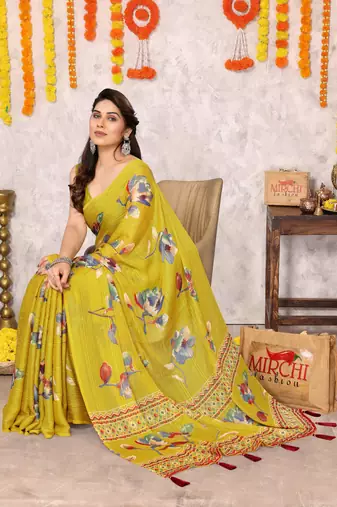 Mustard floral print zari lines chiffon saree with unstiched blouse piece