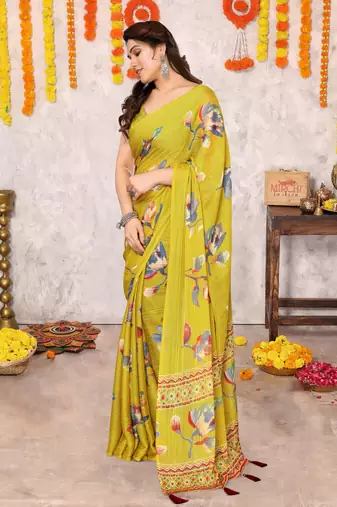Mustard floral print zari lines chiffon saree with unstiched blouse piece