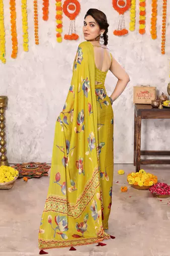 Mustard floral print zari lines chiffon saree with unstiched blouse piece