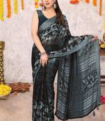 Black floral print zari work chiffon saree with unstiched blouse piece