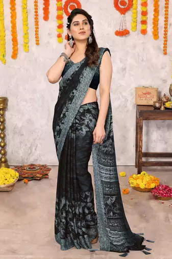 Black floral print zari work chiffon saree with unstiched blouse piece