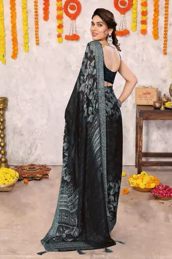 Black floral print zari work chiffon saree with unstiched blouse piece