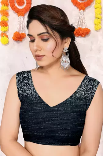 Black floral print zari work chiffon saree with unstiched blouse piece