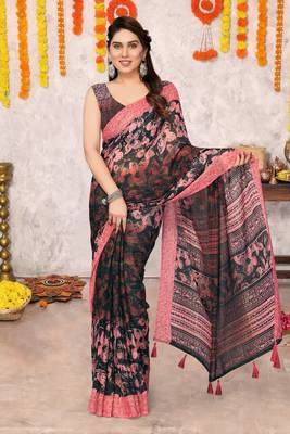 Black floral print zari work chiffon saree with unstiched blouse piece 1